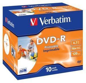 Verbatim DVD-R Wide Inkjet Printable 16x 4.7GB - 10 Pack Jewel Case Optical Media Photo